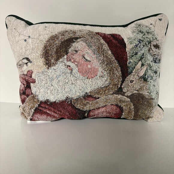 Santa Claus Christmas Tapestry Throw Pillow Green Backing Winter Animal Holiday - Picture 6 of 6